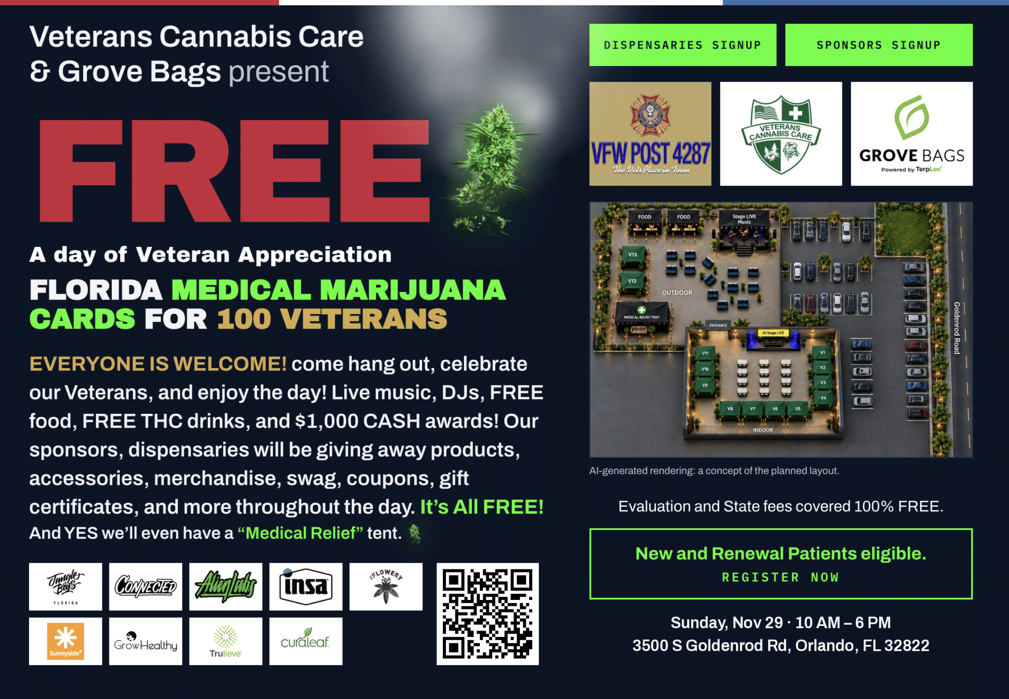 Free Florida Medical Marijuana Cards for 100 Veterans - Sunday, Nov 29, 10 AM to 6 PM, 3500 S Goldenrod Rd, Orlando, FL